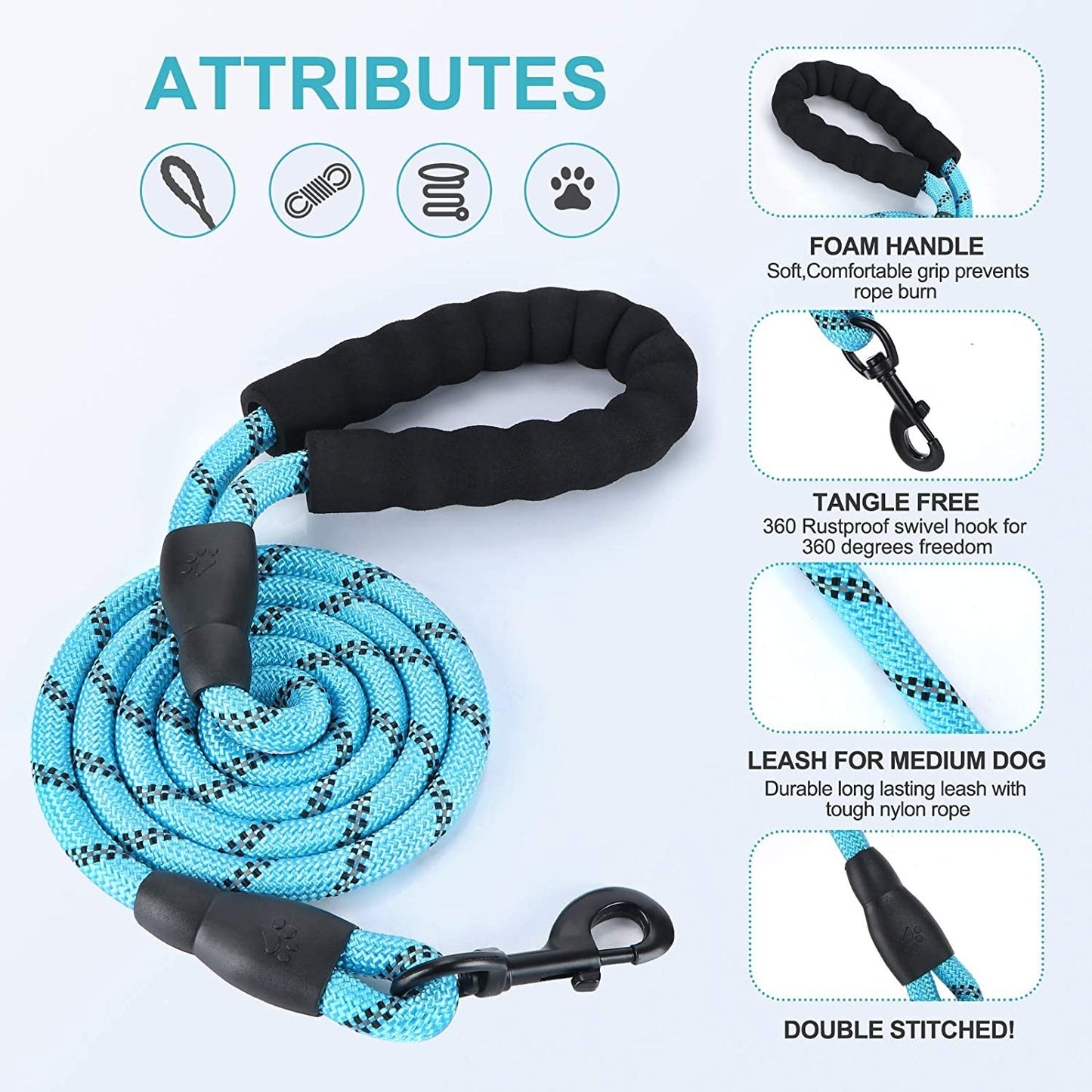 Extra Strong 5Ft Reflective Rope Dog Lead with Comfortable Foam Padded Handle - Perfect for All Dog Sizes