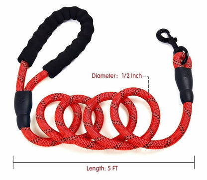 Extra Strong 5Ft Reflective Rope Dog Lead with Comfortable Foam Padded Handle - Perfect for All Dog Sizes