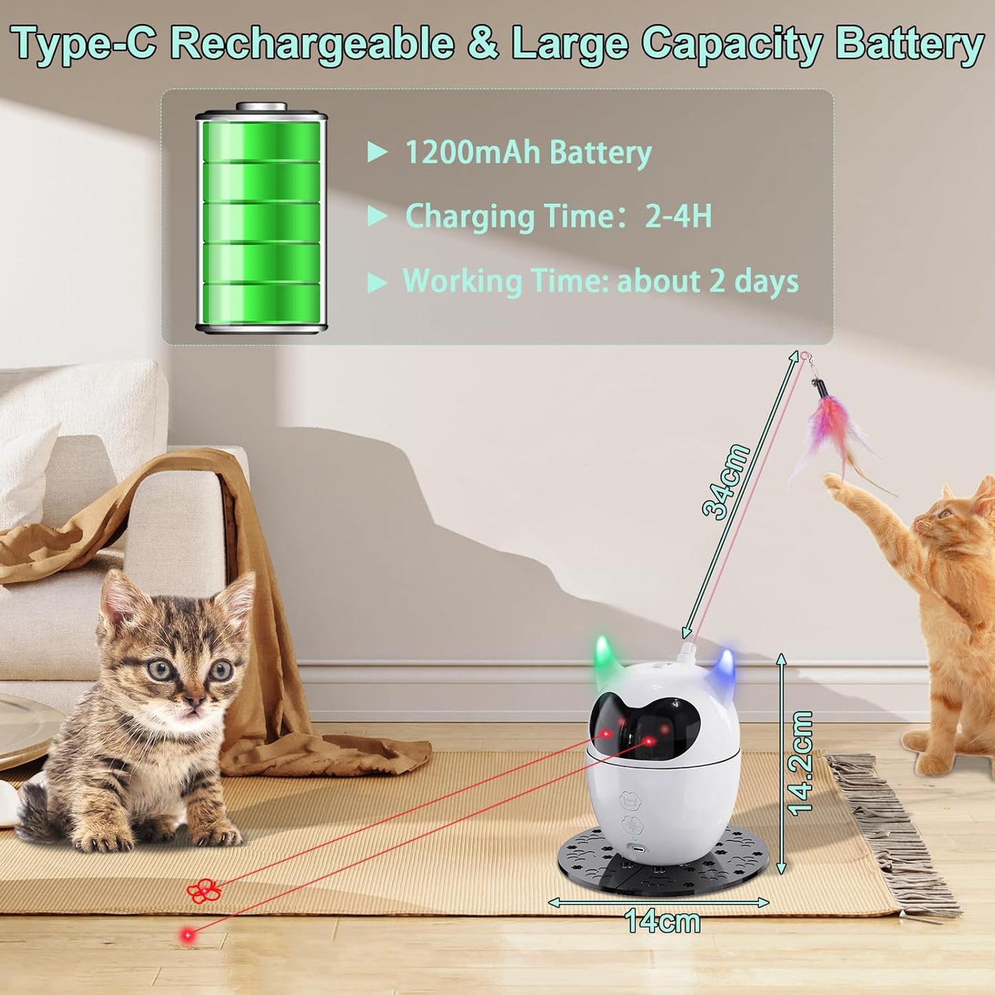 Automatic and Remote-Controlled 2-in-1 Rechargeable Cat Toy with Rotating Feather and Dual Light for Indoor Cats and Kittens