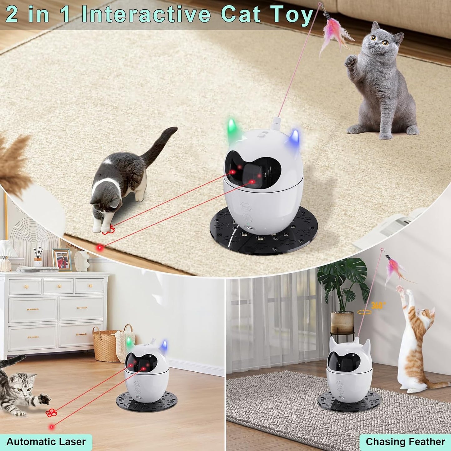 Automatic and Remote-Controlled 2-in-1 Rechargeable Cat Toy with Rotating Feather and Dual Light for Indoor Cats and Kittens
