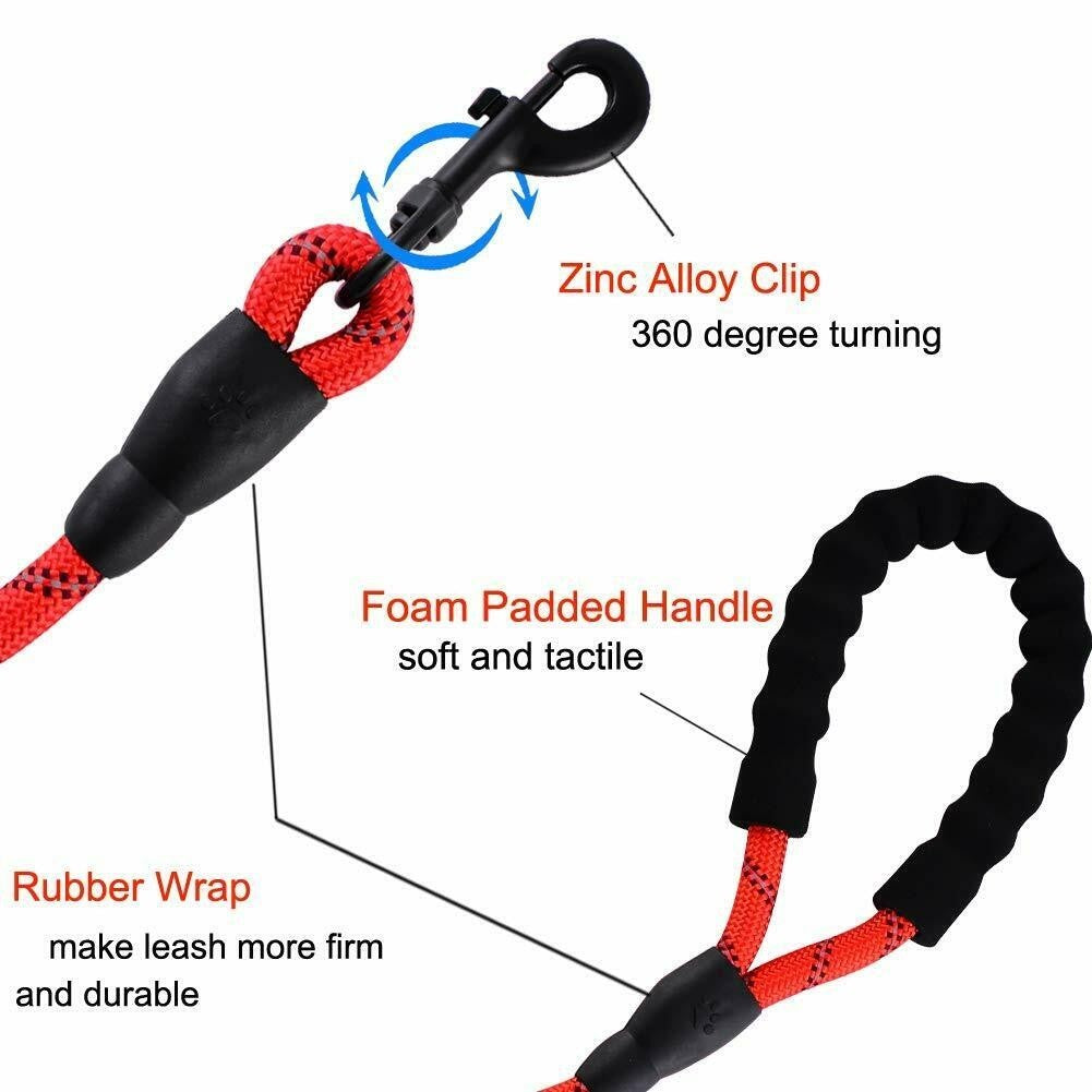 Extra Strong 5Ft Reflective Rope Dog Lead with Comfortable Foam Padded Handle - Perfect for All Dog Sizes