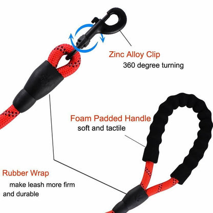 Extra Strong 5Ft Reflective Rope Dog Lead with Comfortable Foam Padded Handle - Perfect for All Dog Sizes