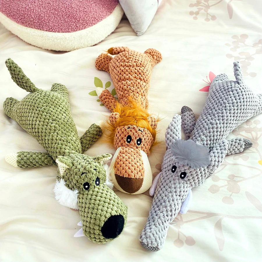 Delight Your Pup with Our 1/3 Pcs Large Bite-Resistant Plush Toy Set – Adorable Lion, Wolf & Elephant Squeaky Toys for Small & Medium Dogs
