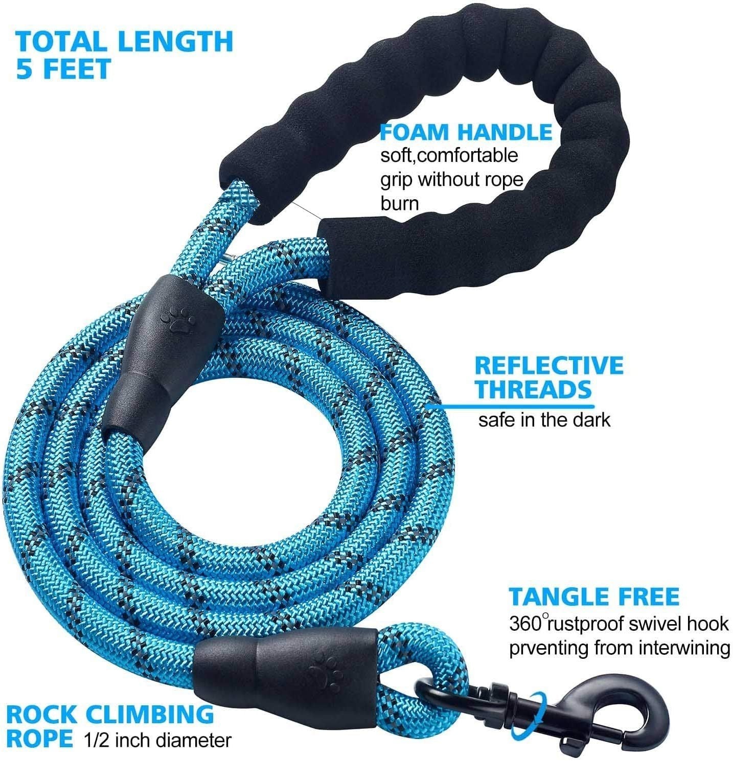 Extra Strong 5Ft Reflective Rope Dog Lead with Comfortable Foam Padded Handle - Perfect for All Dog Sizes