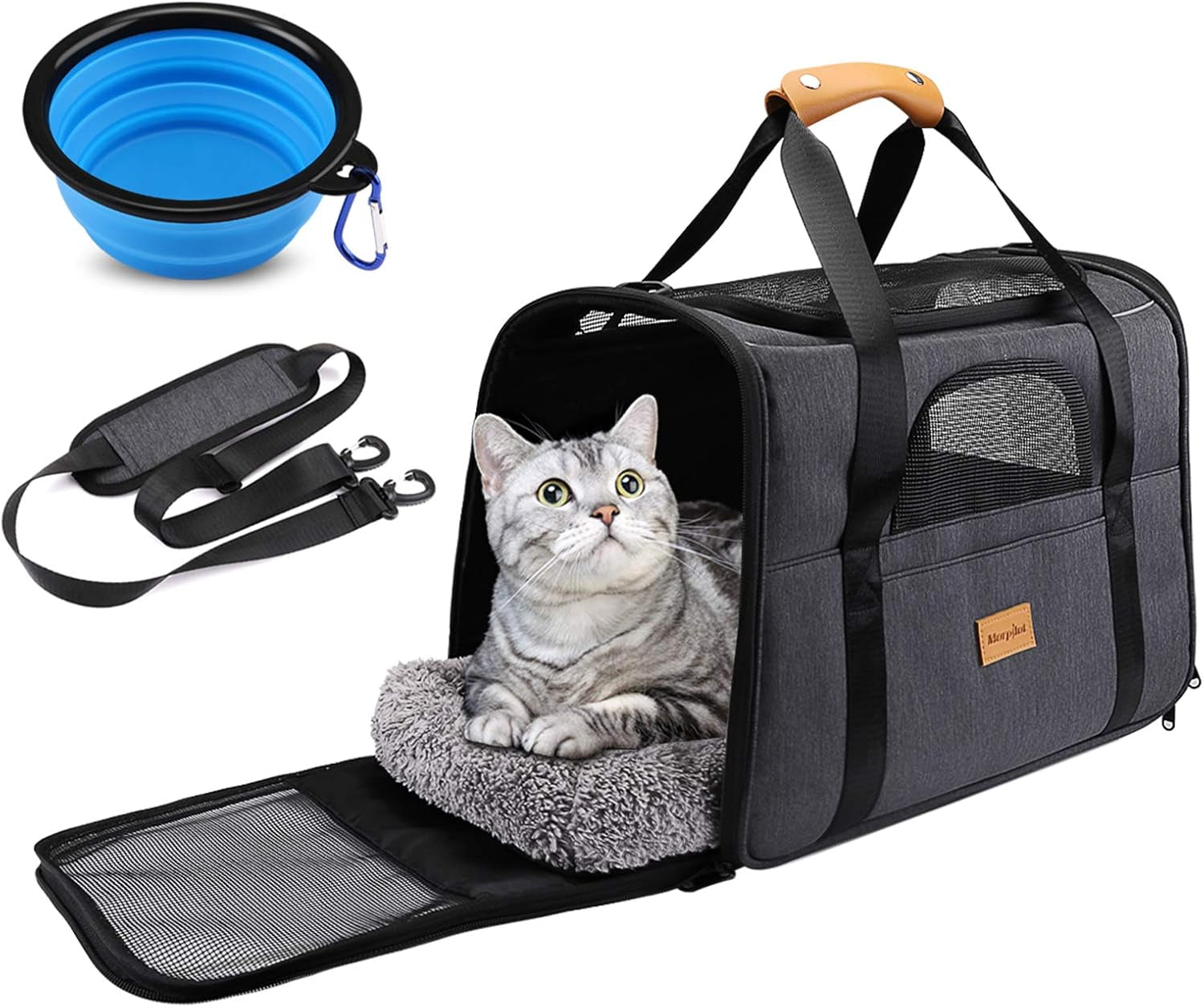 Premium Cat Carrier: Portable Soft-Sided Travel Bag for Cats and Small Dogs - Airline Approved with Removable Mat, Folding Bowl, and Adjustable Shoulder Strap