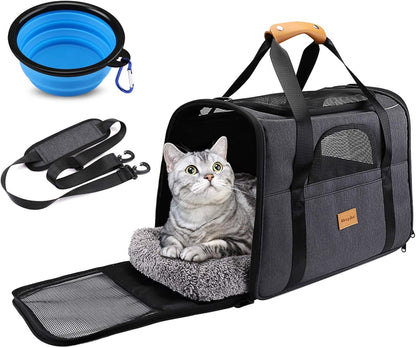 Premium Cat Carrier: Portable Soft-Sided Travel Bag for Cats and Small Dogs - Airline Approved with Removable Mat, Folding Bowl, and Adjustable Shoulder Strap