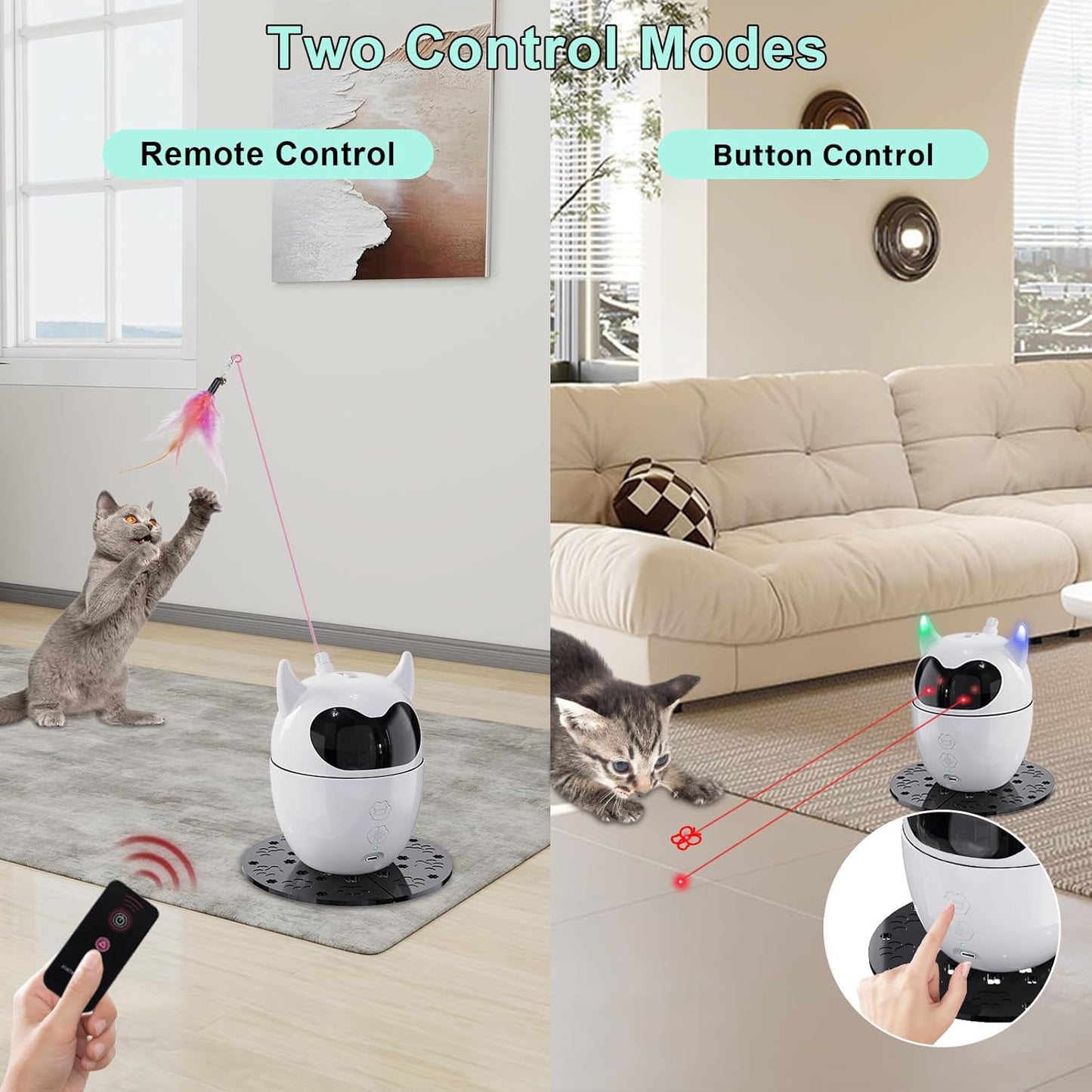 Automatic and Remote-Controlled 2-in-1 Rechargeable Cat Toy with Rotating Feather and Dual Light for Indoor Cats and Kittens