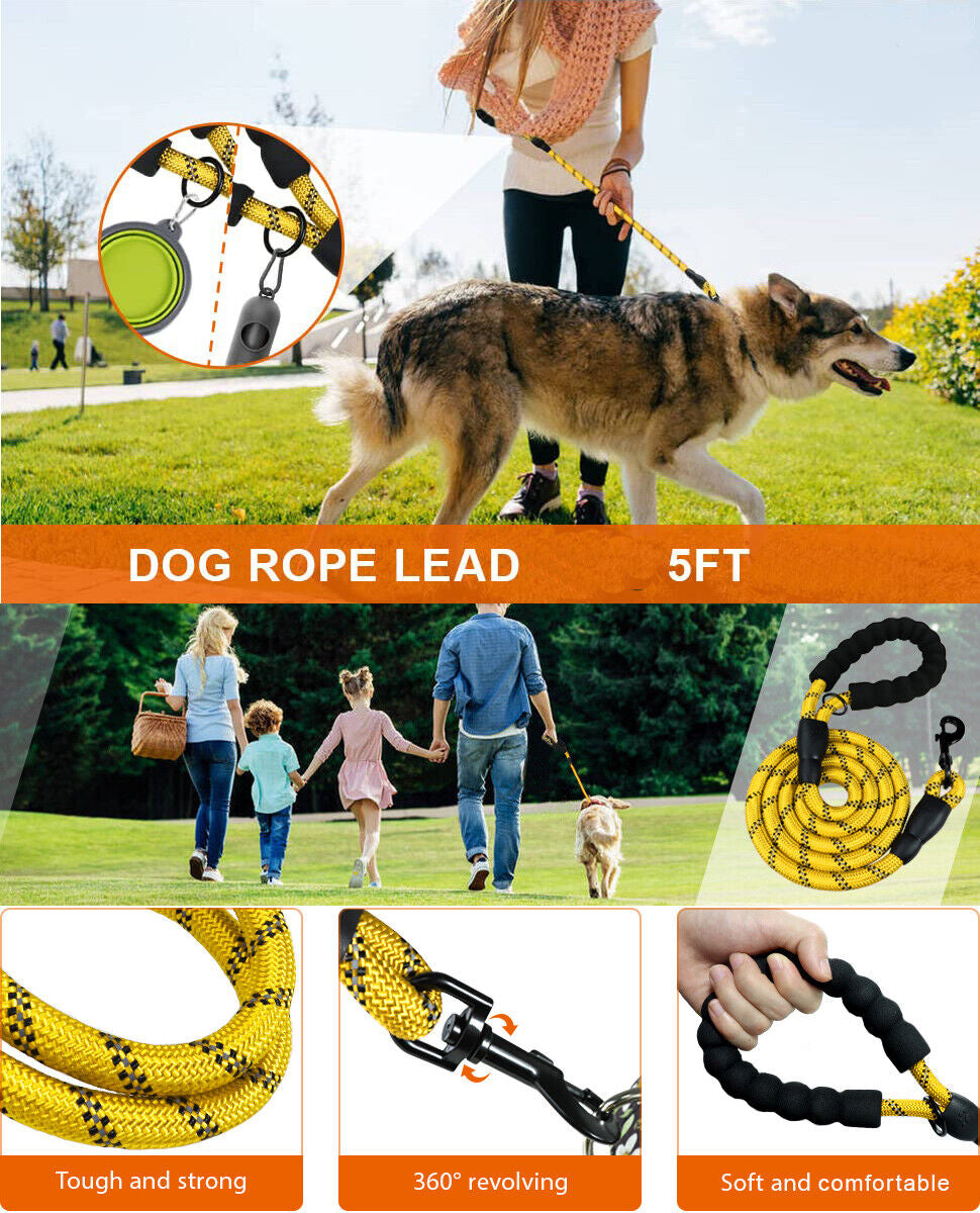 Extra Strong 5Ft Reflective Rope Dog Lead with Comfortable Foam Padded Handle - Perfect for All Dog Sizes