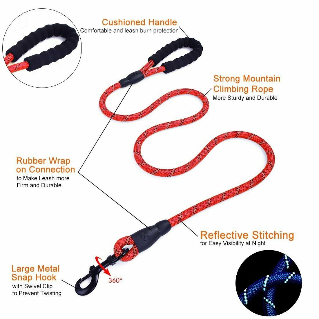 Extra Strong 5Ft Reflective Rope Dog Lead with Comfortable Foam Padded Handle - Perfect for All Dog Sizes
