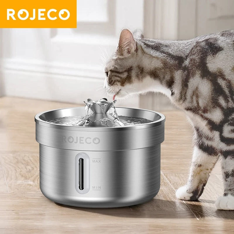 Elevate Your Pet's Hydration with the ROJECO Stainless Steel Automatic Water Fountain - Rechargeable & Hygienic Drinking Solution for Cats and Dogs