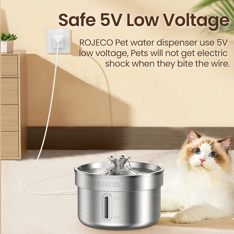Elevate Your Pet's Hydration with the ROJECO Stainless Steel Automatic Water Fountain - Rechargeable & Hygienic Drinking Solution for Cats and Dogs