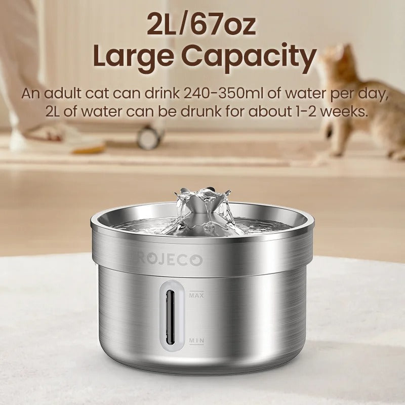 Elevate Your Pet's Hydration with the ROJECO Stainless Steel Automatic Water Fountain - Rechargeable & Hygienic Drinking Solution for Cats and Dogs