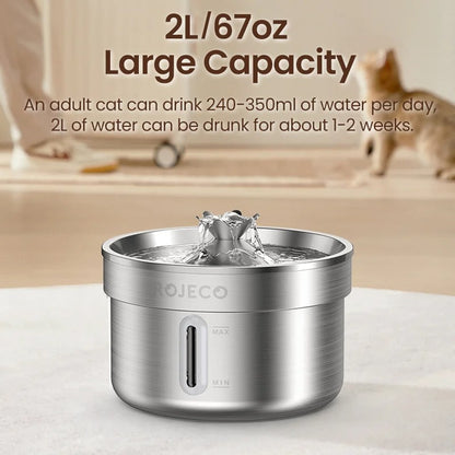 Elevate Your Pet's Hydration with the ROJECO Stainless Steel Automatic Water Fountain - Rechargeable & Hygienic Drinking Solution for Cats and Dogs